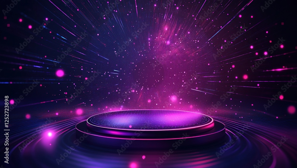 Poster neon glowing stage platform with light trails and particles for futuristic events
