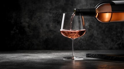 Rose wine pouring into glass, dark background, beverage, drink