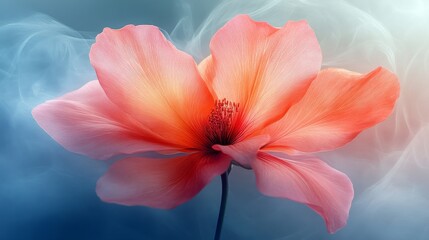 Obraz premium Close-up of a delicate pink flower with soft petals against a smoky blue background, elegance and tranquility concept