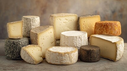 Assortment of various types of cheese, including different brie and cheddar varieties.