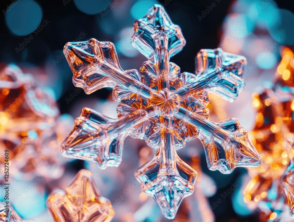 Poster close-up of sparkling crystal snowflakes with bokeh in a blurred background.