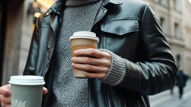 Close-up of a young man holding a coffee cup in his hand while standing at a caf&Atilde;&copy;, wearing a leather jacket and a grey turtleneck sweater. 