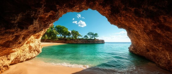 Cave opening to a beach with clear water and rocky formations in a tropical paradise setting