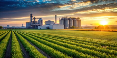 Golden Hour Over Agricultural Processing Plant and Lush Green Fields