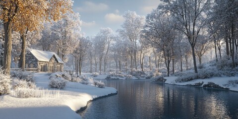 A serene winter scene featuring a cabin nestled in the woods with a stream running through. Snow-covered trees add to the tranquil atmosphere, making it an idyllic getaway for holiday travelers.