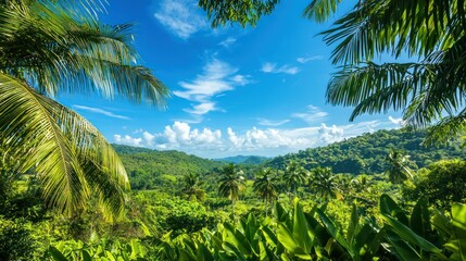 Obraz premium A summer countryside setting with lush vegetation and a vivid, cloudless sky.