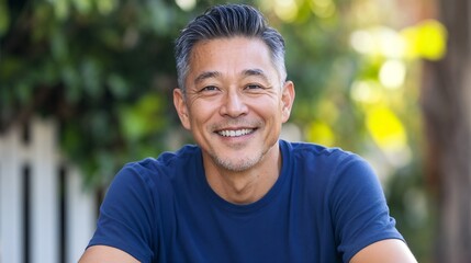 Cheerful middle-aged Asian man in casual outdoor setting. Perfect for active aging, wellness lifestyle, and authentic representation content.