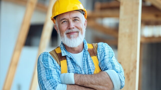 Experienced senior carpenter with white beard in construction setting. Perfect for skilled trades, craftsmanship, and construction expertise content.