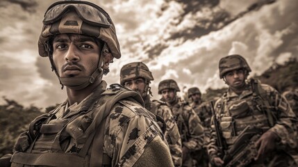 Fototapeta premium Soldiers in uniform standing together with weapons.
