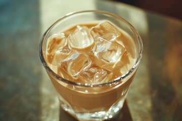 Refreshing glass of iced coffee, served cold over ice cubes.