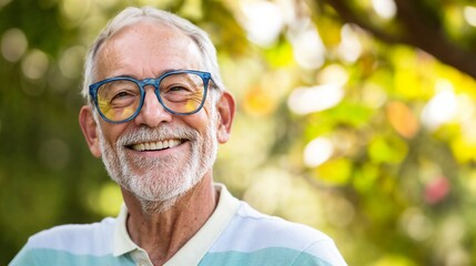 Joyful senior man with glasses in natural setting. Ideal for active aging, retirement lifestyle, and positive aging narratives.