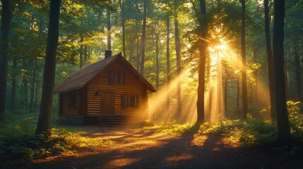 Sun-Drenched Cabin, A Serene Forest Retreat Bathed in Golden Sunlight Illuminating the Tranquil Woodland