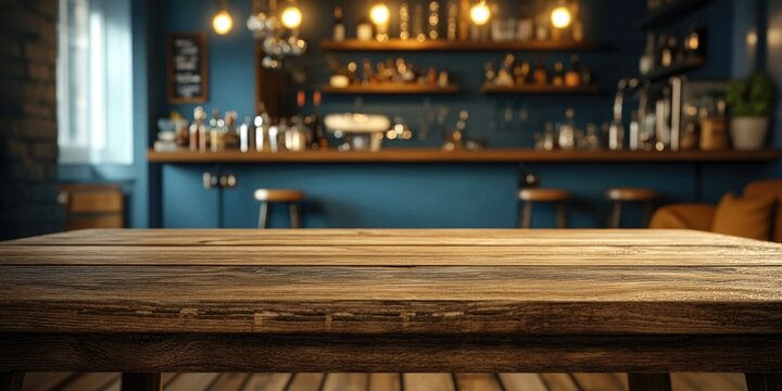A weathered wood table, perfect for a pub or bar setting. This functional piece features an easy-to-clean surface, making it suitable for both indoor and outdoor spaces.