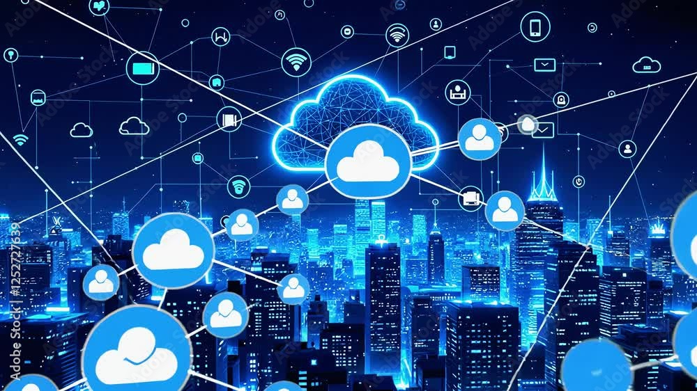 Aufkleber futuristic city skyline illuminated at night with cloud computing icons connecting users and devices
