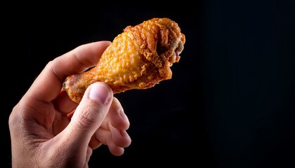 Close up of a man holding a crispy chicken wing; selective focus