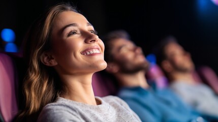 Young woman enjoying entertainment in cinema. Perfect for leisure activities, entertainment industry, and social lifestyle content.