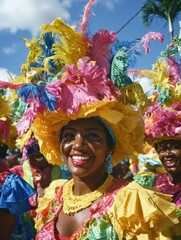 Fototapeta premium Carnival dancer wearing vibrant, colorful traditional costume with feathers, celebrating a lively holiday or cultural event.