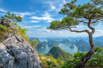 The image captures a scenic view of a mountainous landscape with lush greenery and a serene body of water, showcasing the beauty of Vietnam's natural landmarks.