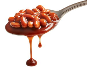 Metal spoon filled with baked beans isolated on transparent background, PNG