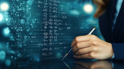 A hand holding a pen writes on a digital surface filled with numerical data and mathematical equations in a futuristic setting.