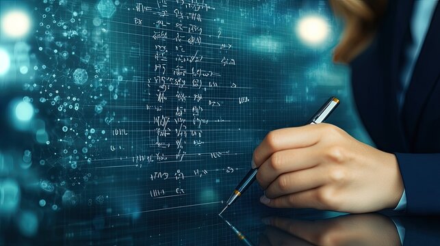 A hand holding a pen writes on a digital surface filled with numerical data and mathematical equations in a futuristic setting.
