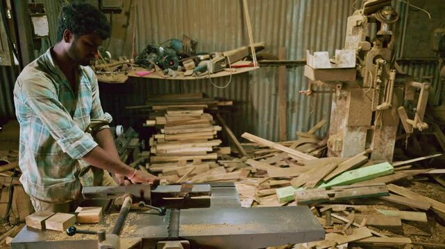 Joiner shape timber carefully give structure into workshop
