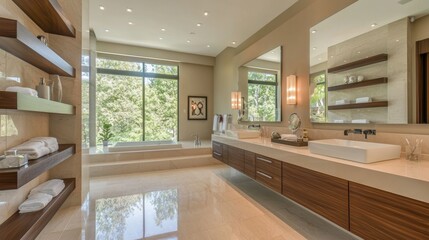 Luxurious modern bathroom with large windows and elegant fixtures in a serene nature setting