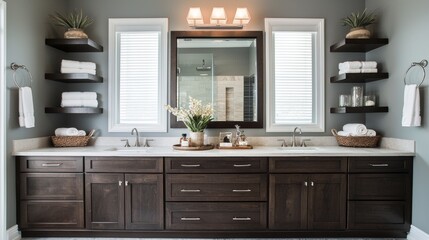 Modern bathroom design showcasing a dark wood vanity and sleek fixtures with elegant decor and natural light