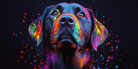 A whimsical image featuring a black dog with brightly colored specks around it, evoking a sense of joy and imagination.