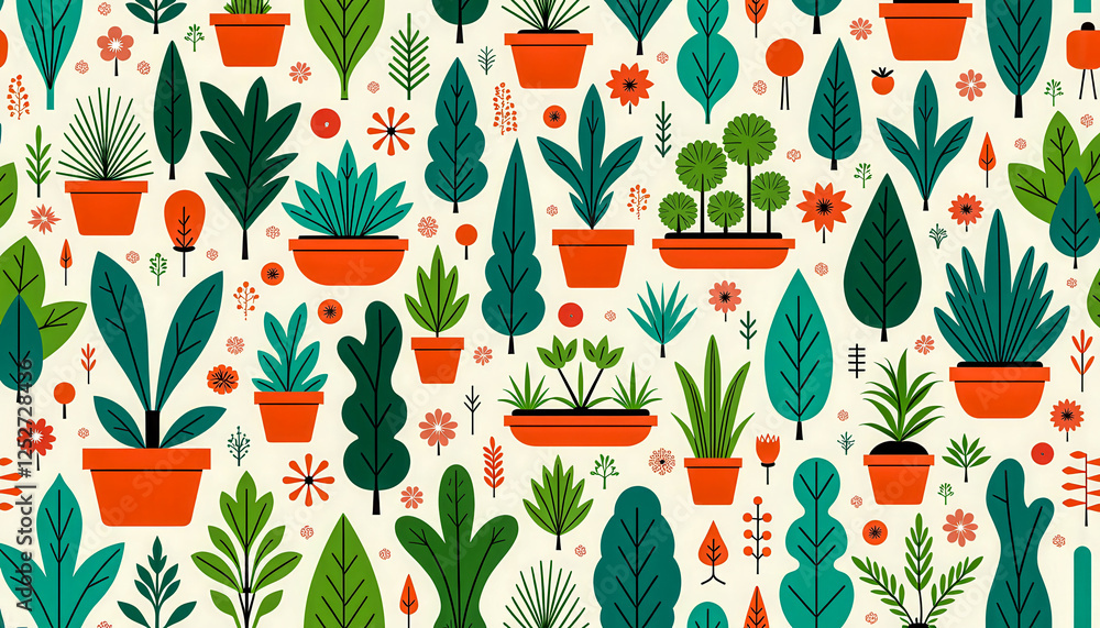 Poster a pattern of trees and flowers is shown in a variety of colors. the image has a cheerful and lively 