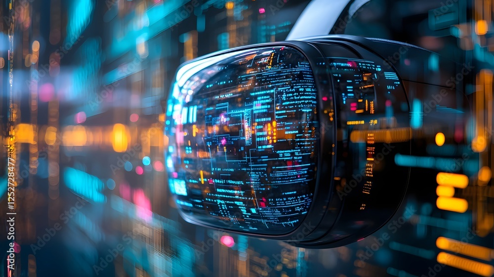 Poster close up detailed view of a virtual reality vr headset with vibrant holographic projections of advan