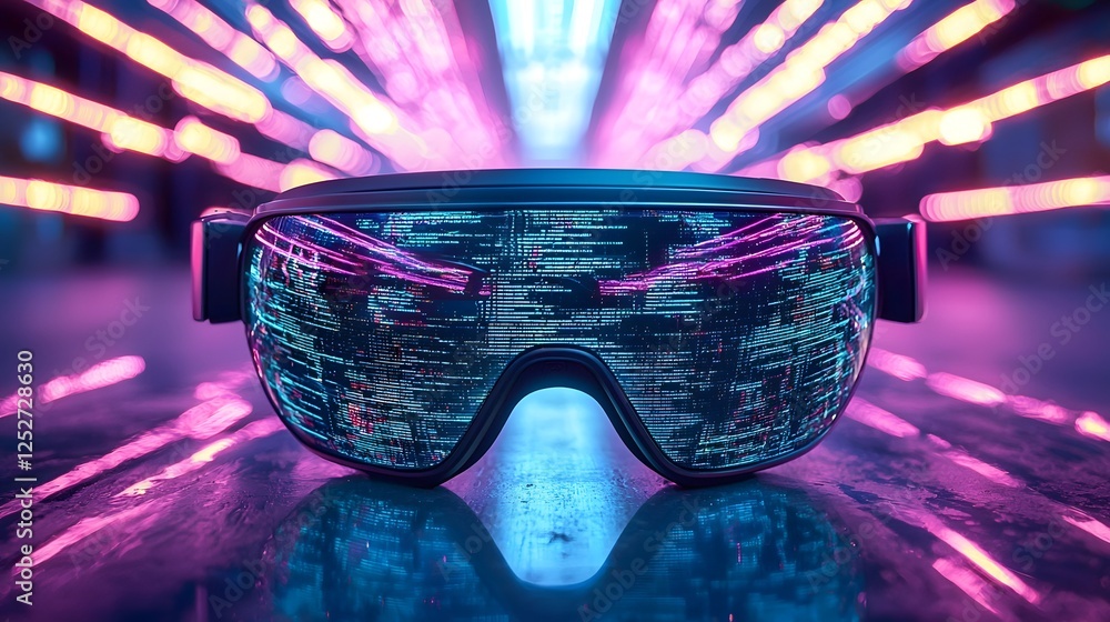 Poster futuristic virtual reality glasses surrounded by dynamic digital data streams and pulsating neon lig
