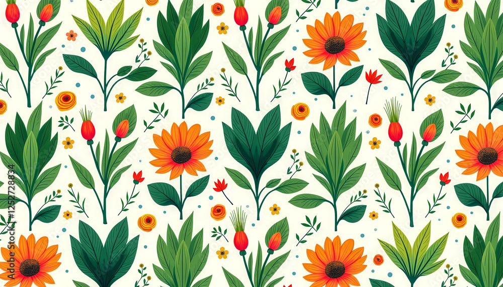 Poster a pattern of trees and flowers is shown in a variety of colors. the image has a cheerful and lively 