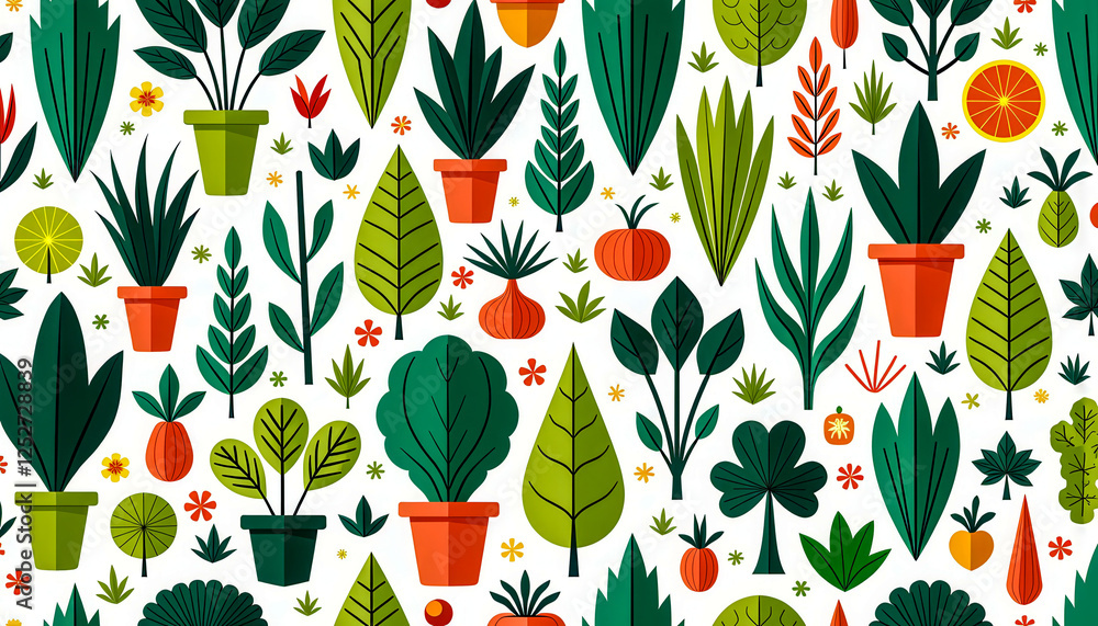 Poster a pattern of trees and flowers is shown in a variety of colors. the image has a cheerful and lively 