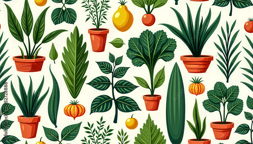 Poster a pattern of trees and flowers is shown in a variety of colors. the image has a cheerful and lively 