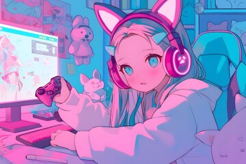 Cute Gamer Girl in Pastel Hoodie and Cat-Ear Headphones Playing on a Vibrant Pink Gaming Setup