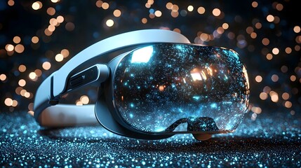 Futuristic virtual reality headset with high tech holographic 3D interface floating in a cosmic luminescent atmosphere  Immersive digital display and simulated reality experience