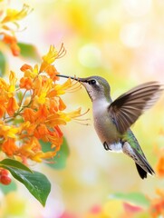 Fototapeta premium A hummingbird feeding on nectar from bright orange flowers, with blurred green foliage in the background.