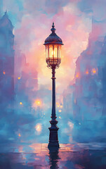 A beautifully ornate street lamp casts a warm glow in a misty urban setting, perfect for Ramadan and Eid celebrations, tranquil atmospheres, or pastel-themed designs.