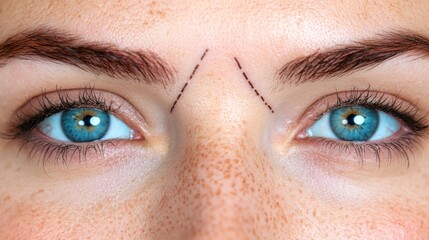 Obraz premium Close-Up of Blue Eyes with Freckles and Surgical Markings Above Brows