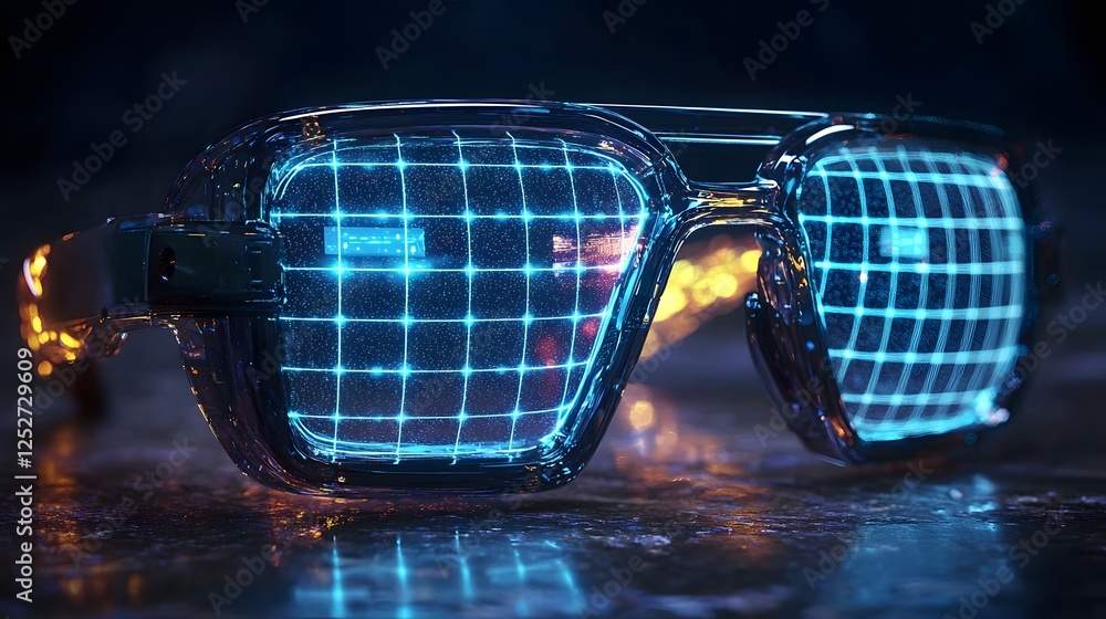 Poster cutting edge virtual reality glasses featuring luminous grid patterns and interactive 3d holographic