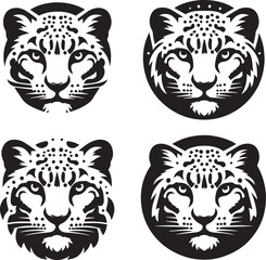 set of Snow Leopard face poses,black and white leopard face,Snow leopard face silhouette, snow leopard head vector,  leopard face poses set