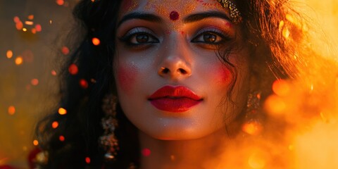 A woman participating in Durga Puja festivities, her face adorned with traditional makeup, and celebratory sparks around her.