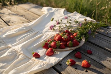Sun-Kissed Strawberries Adorn Delicate Linen Frock: A Summer Still Life