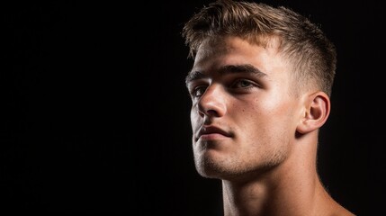 Fototapeta premium Dramatic portrait of young man in low light. Perfect for artistic photography, modern masculinity, and emotional intensity content.