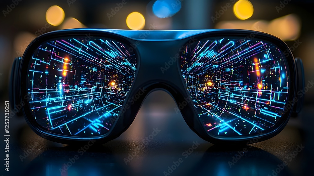 Poster closeup view of a pair of virtual reality goggles reflecting a complex glowing digital cityscape wit