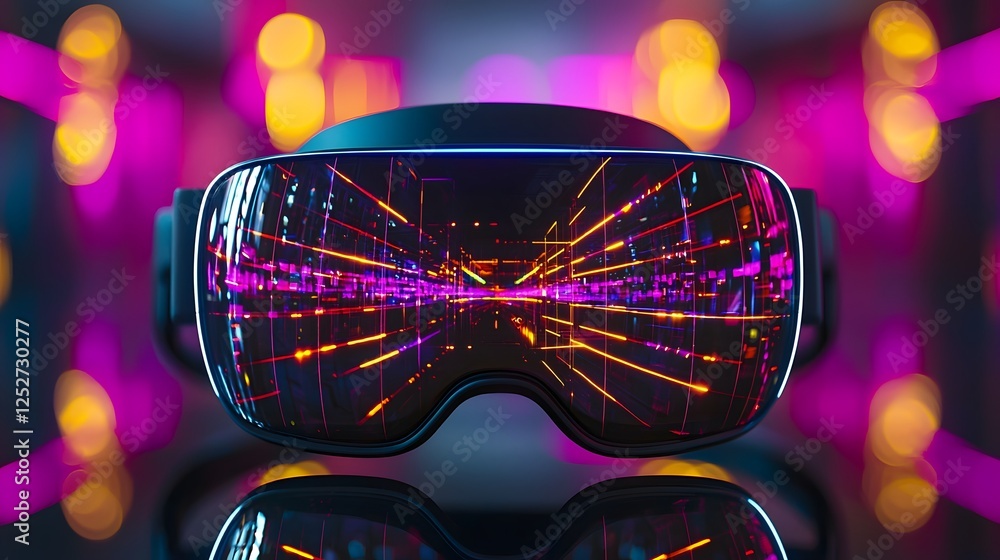 Poster close up view of a virtual reality headset reflecting a mesmerizing high tech digital environment fi