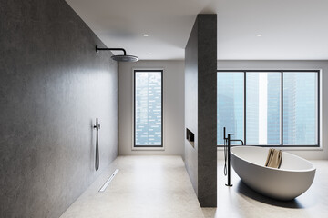 Modern bathroom interior with minimalist design and cityscape view. 3D Rendering