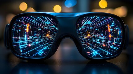 Closeup view of a pair of virtual reality goggles reflecting a complex glowing digital cityscape with luminous lines and futuristic architectural elements
