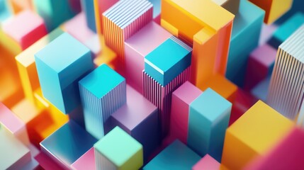 Obraz premium Colorful digital cityscape with stylized architectural elements and abstract geometric shapes.